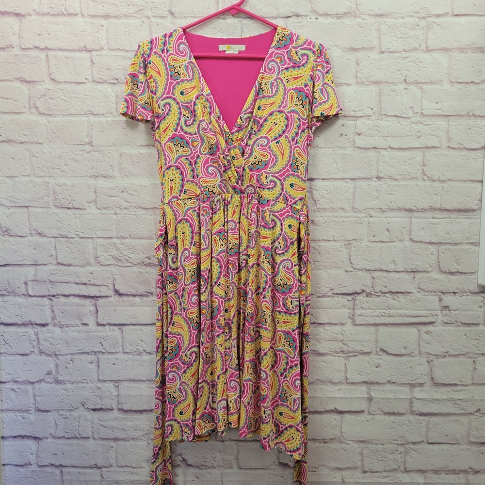 Boden Pink Paisley Faux Wrap Dress 6P V-Neck Short Sleeve Retro Cottagecore